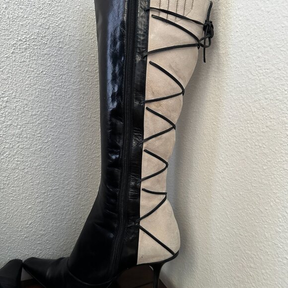 Vintage Black Leather White/Cream Suede w/Lace Detail Stiletto Boots - Picture 5 of 16
